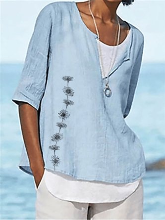 Women Casual V Neck Floral Cotton Linen Half Sleeve Tunic Top