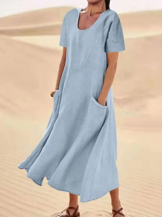 Women Casual Crew Neck Pockets Loose Short Sleeve Blue Summer Dress