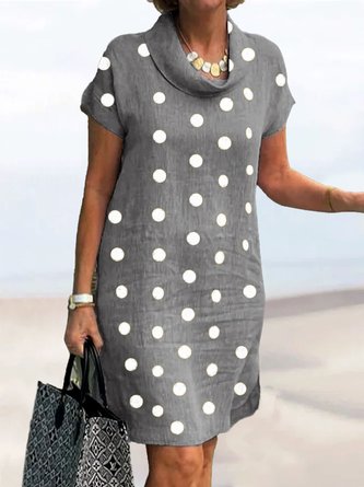 Women Casual Polka Dots Cowl Neck Short Sleeve Loose Cotton and Linen Dress