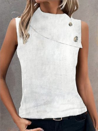 Women Casual Plain Button Crew Neck Sleeveless Summer Tank Top