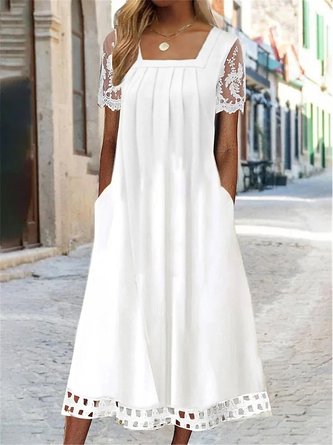 Women Elegant Square Neck Hollow Out Hem Mesh Floral Lace Short Sleeve Pockets Dress