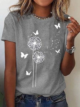 Women Casual Dandelion And Butterfly Crew Neck Loose Short Sleeve Summer T-Shirt