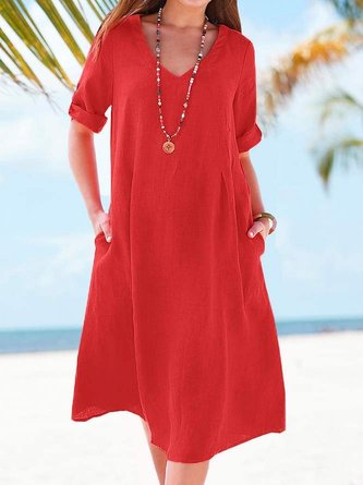 Women Casual Plain Pockets V Neck Summer Dress