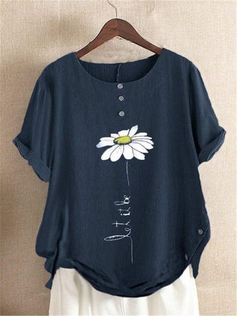 Women Casual Crew Neck Daisy Floral Buttoned Loose Summer Short Sleeve Blouse