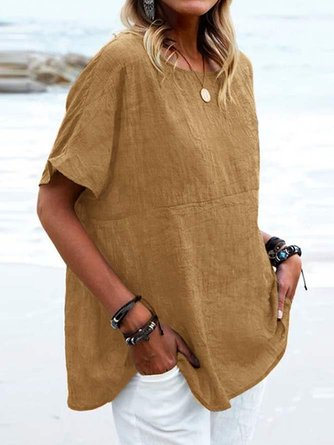 Women Casual Khaki loose Short Sleeve Summer Linen Tunic Top