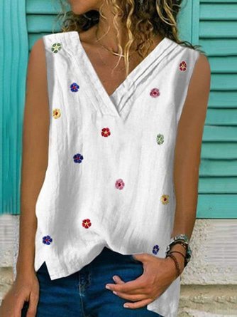 Women Casual Floral V Neck Loose Basic Sleeveless Summer Tank Top