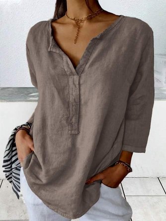 Women Loose V Neck Plain Three Quarter Sleeve Cotton And Line Blouse