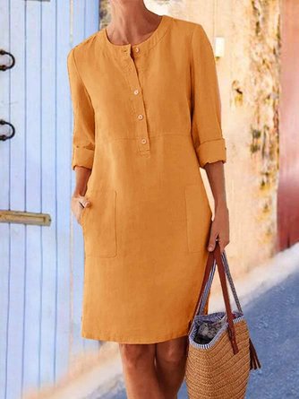 Women Plain Casual Buttoned Down Pockets Three Quarter Sleeve Linen Dress