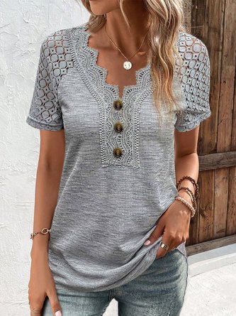 Women Casual V Neck Button Hollow Out Lace Plain Summer Short Sleeve T-Shirt