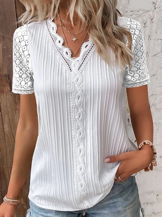 V Neck Plain Patchwork Lace Elegant Blouses