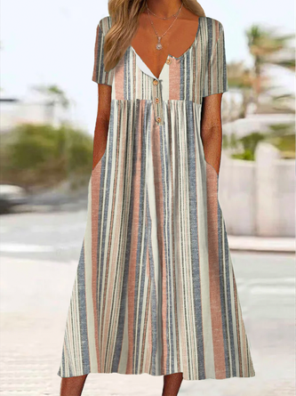 Casual Striped Notched Buttoned Short Sleeve Dress