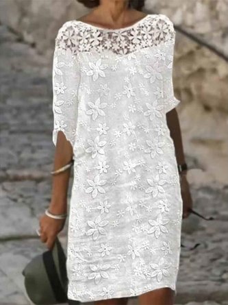 Women Elegant Lace Plain Three Quarter Sleeve Crew Neck Dress
