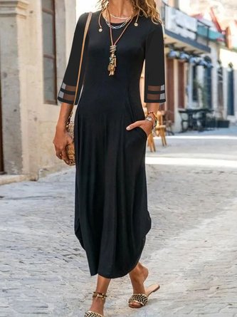 Women Elegant Plain Pockets Patchwork Mesh Three Quarter Sleeve Maxi Dress