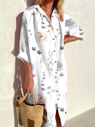 Women Casual Floral Loose Three Quarter Sleeve Shirt Dress