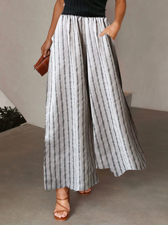 Women Striped Wide Leg Pants Elastic Waist Drawstring Pockets Flowy Beach Trousers