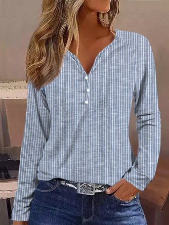 Women Striped Casual V Neck Button Loose Long Sleeve Top