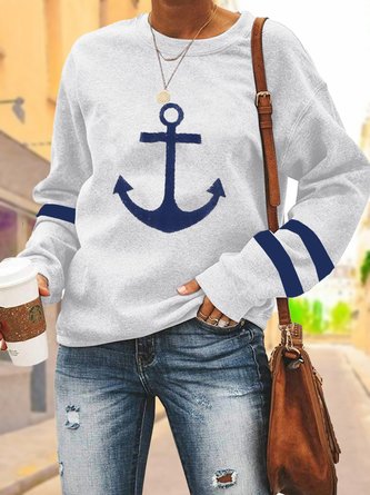 Women Anchor Printed Striped Casual Loose Sweatshirt Long Sleeve Solid Pullover Top 