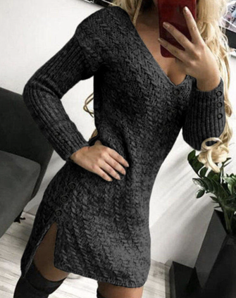 Regular Fit Plain Casual V Neck Sweater Dress With No