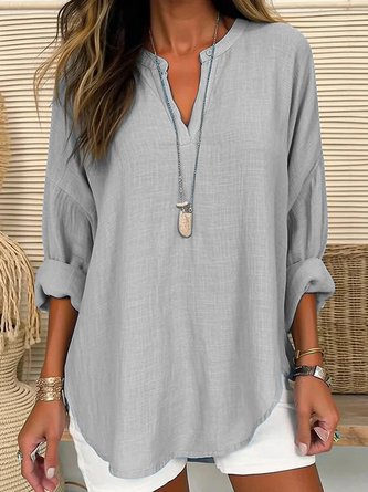 Women Casual Plain V Neck Casual Loose Long Sleeve Tunic Top