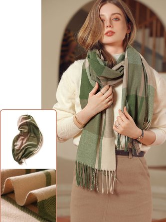 Contrasting Plaid Tassels Faux Cashmere Warm Scarf