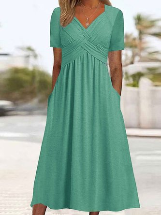 Women Elegant Plain Ruched Pockets V Neck Vacation Dress