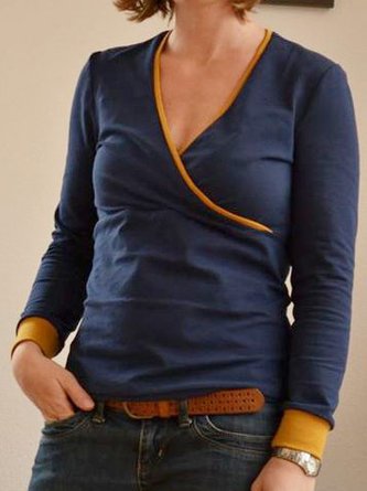 Women Plain V Neck Casual Long Sleeve T-shirt