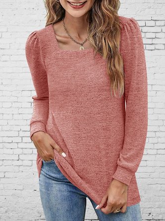 Women Plain Square Neck Casual Long Sleeve T-shirt