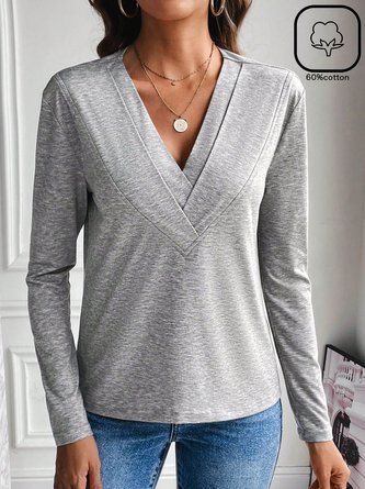 Women Plain V Neck Casual Long Sleeve T-shirt