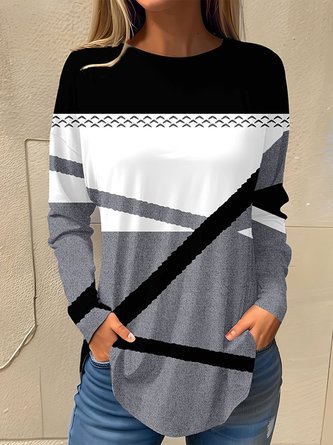 Women Geometric Crew Neck Casual Long Sleeve T-shirt