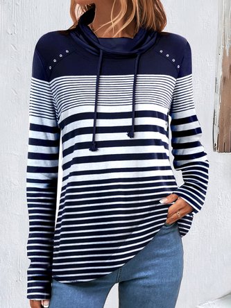 Women Striped Half Turtleneck Casual Long Sleeve T-shirt