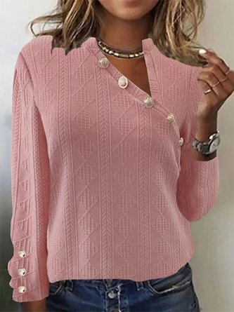Jacquard Plain Buckle Long Sleeve Casual Asymmetrical Neck Shirt