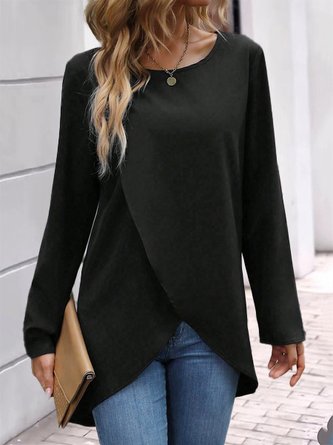 Women Plain Crew Neck Casual Long Sleeve T-shirt