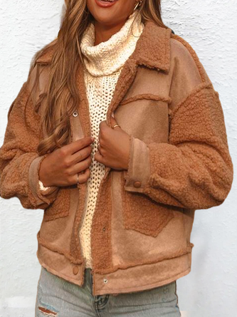 Women's Loose Color Block Casual Shawl Collar Teddy Jacket