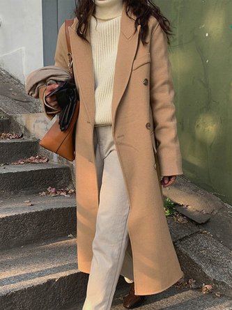 Plain Long Sleeve Buckle Woolen Lapel Collar Casual Coat