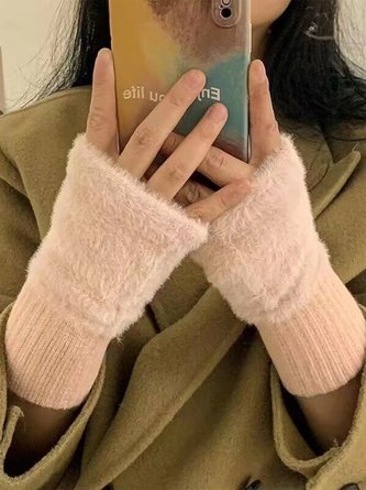 Women Casual Half Finger Plush Knitted Gloves
