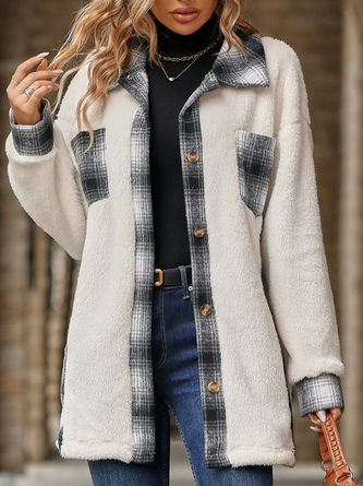 Coral Velvet Plaid Shawl Collar Casual Teddy Jacket