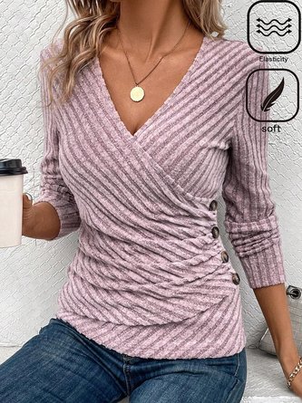 Women Plain V Neck Casual Long Sleeve T-shirt