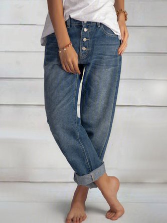 Women Casual Pockets Buttoned Jeans Blue Denim Pants