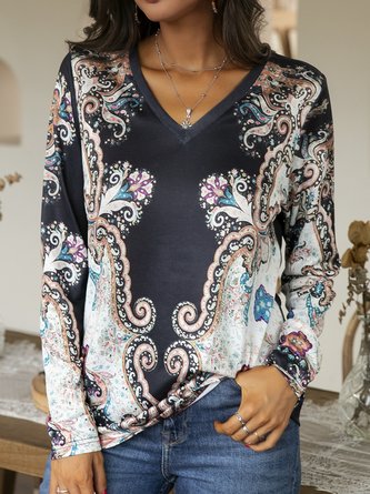 V Neck Knitted Long Sleeve Tribal Shirts & Tops