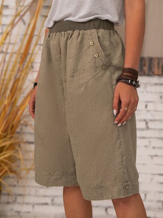 Women Casual Vintage Buttoned Pockets Khaki Summer Linen Shorts