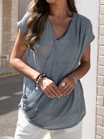 Women Casual V Neck Cowl Neck Asymmetrical Pleated Short Sleeve Tunic Top
