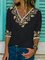 Floral Half Sleeve Printed Cotton-blend V neck Vintage Summer Black Top