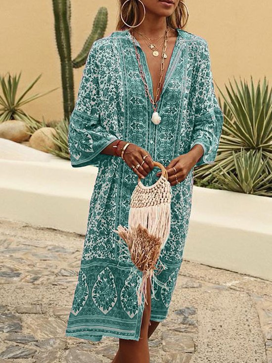 Women Boho V Neck V Neck Three Quarter Sleeve Loose Ethnic Vacation Dress