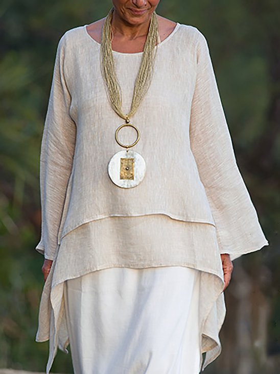 Plain Asymmetrical Hem Casual Loose Three Quarter Sleeve Crew Neck Linen Tunic
