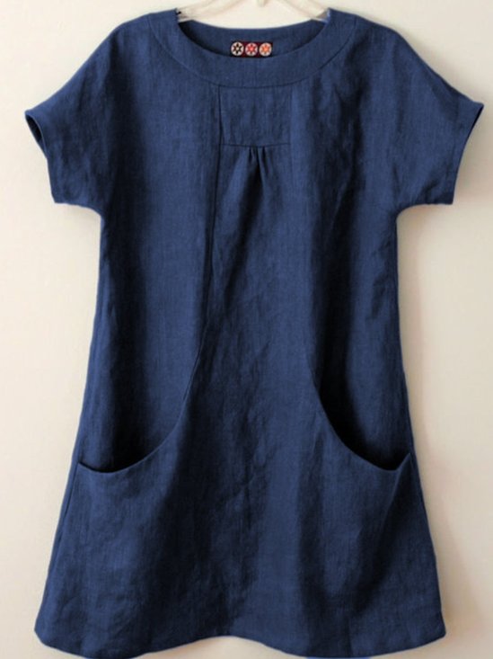 Women Casual Plain Loose Pockets Crew Neck Short Sleeve Linen Tunic Top