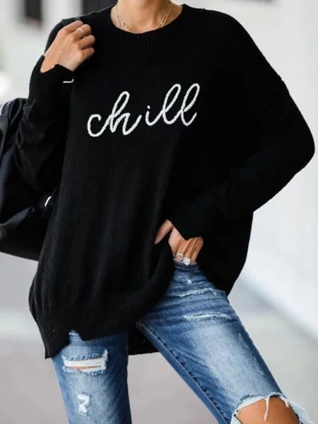 Women Long Sleeve Black Casual Printed Knitted Sweater