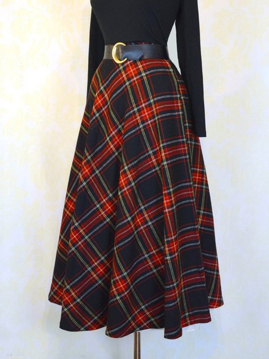 Black-Red Paneled Cotton-Blend Vintage Swing Skirt