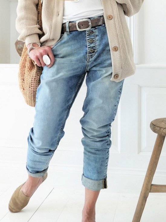 Blue Casual Buttoned Jeans