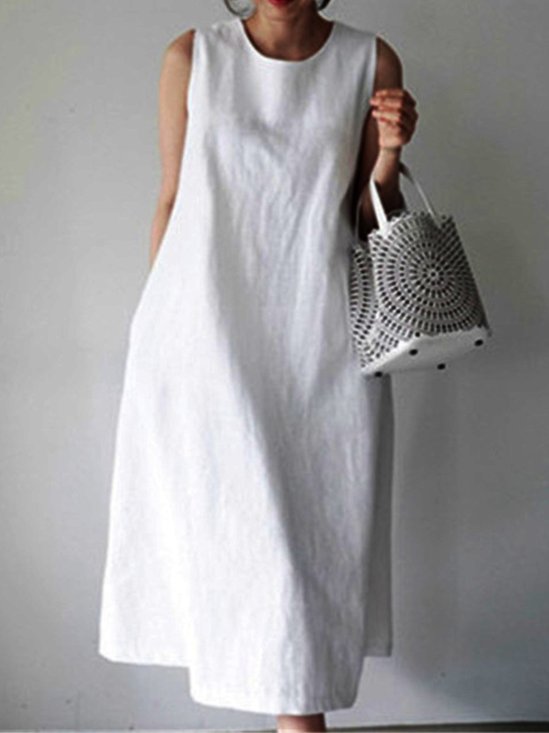White Cotton Linen Casual Plain Maxi Women Dress