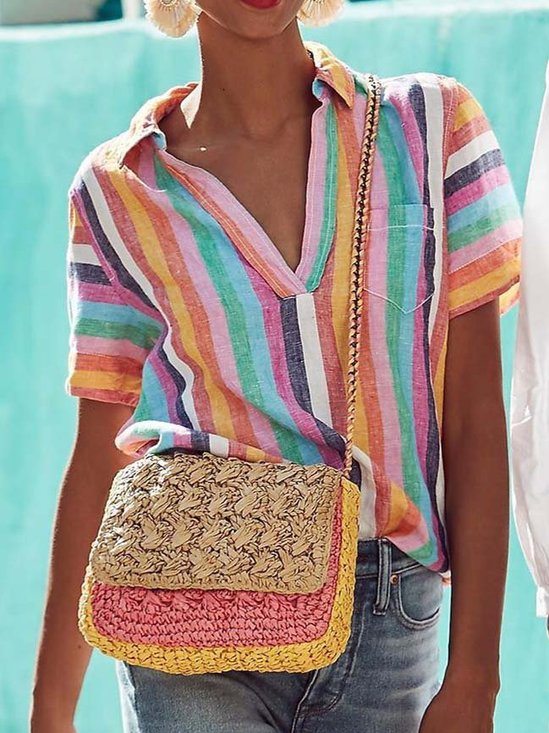 Color Cotton Short Sleeve Stripes Shirt